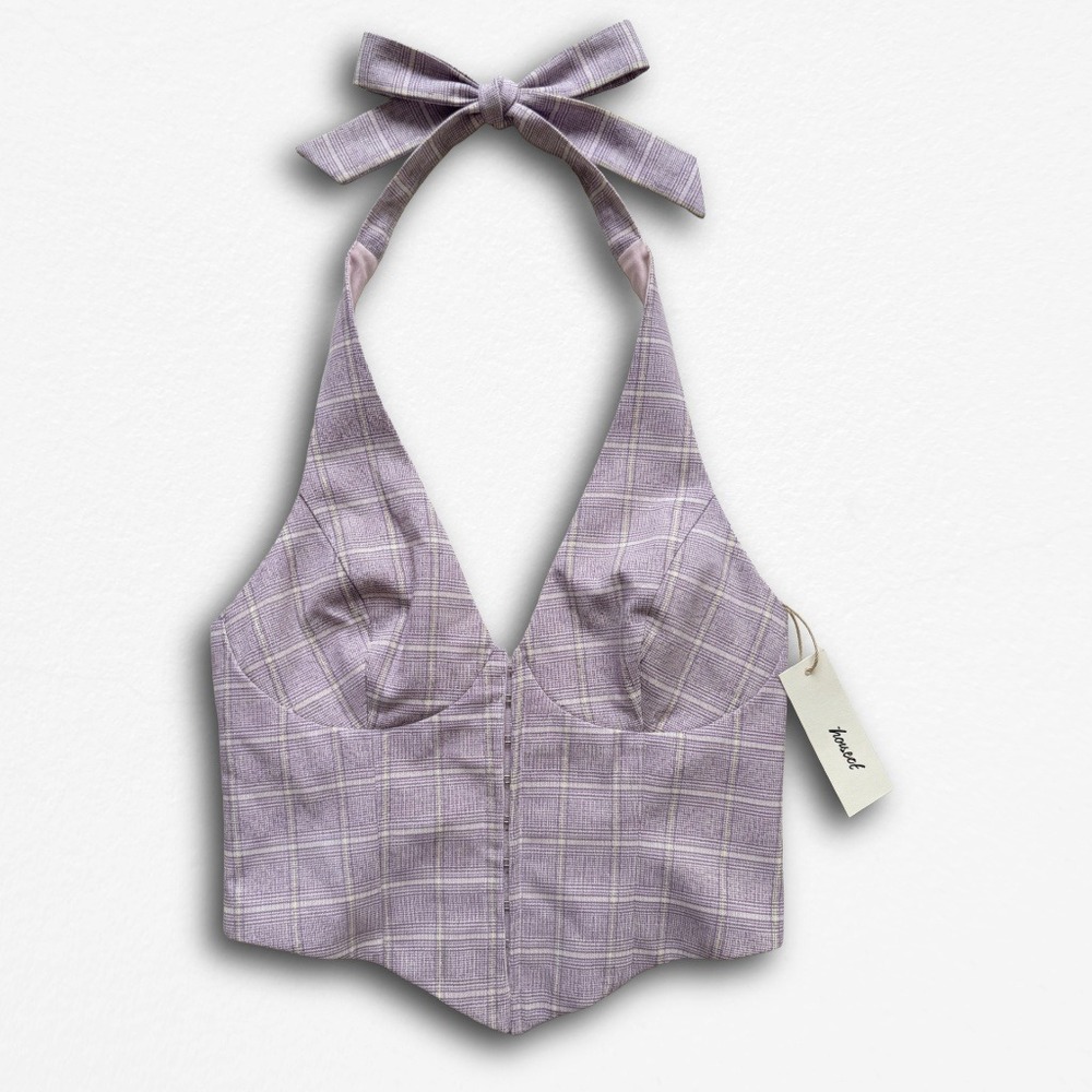 Ellen's Story Lavender Plaid Halter Corset Top Deadstock Purple White Plaid